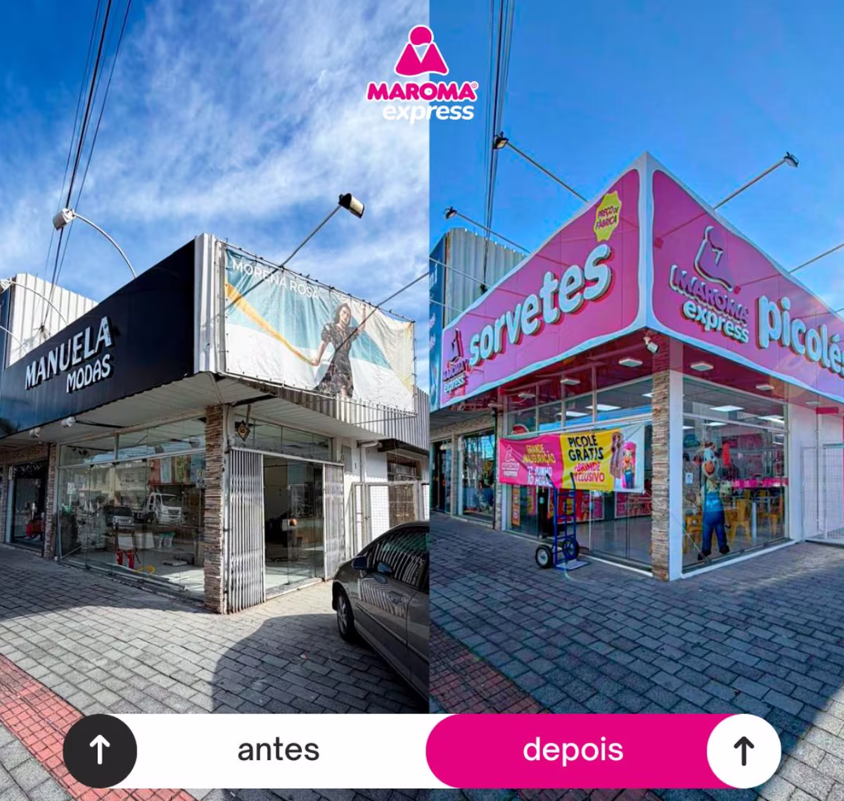 Antes e depois: ponto comercial vazio transformado em fachada Maroma Express